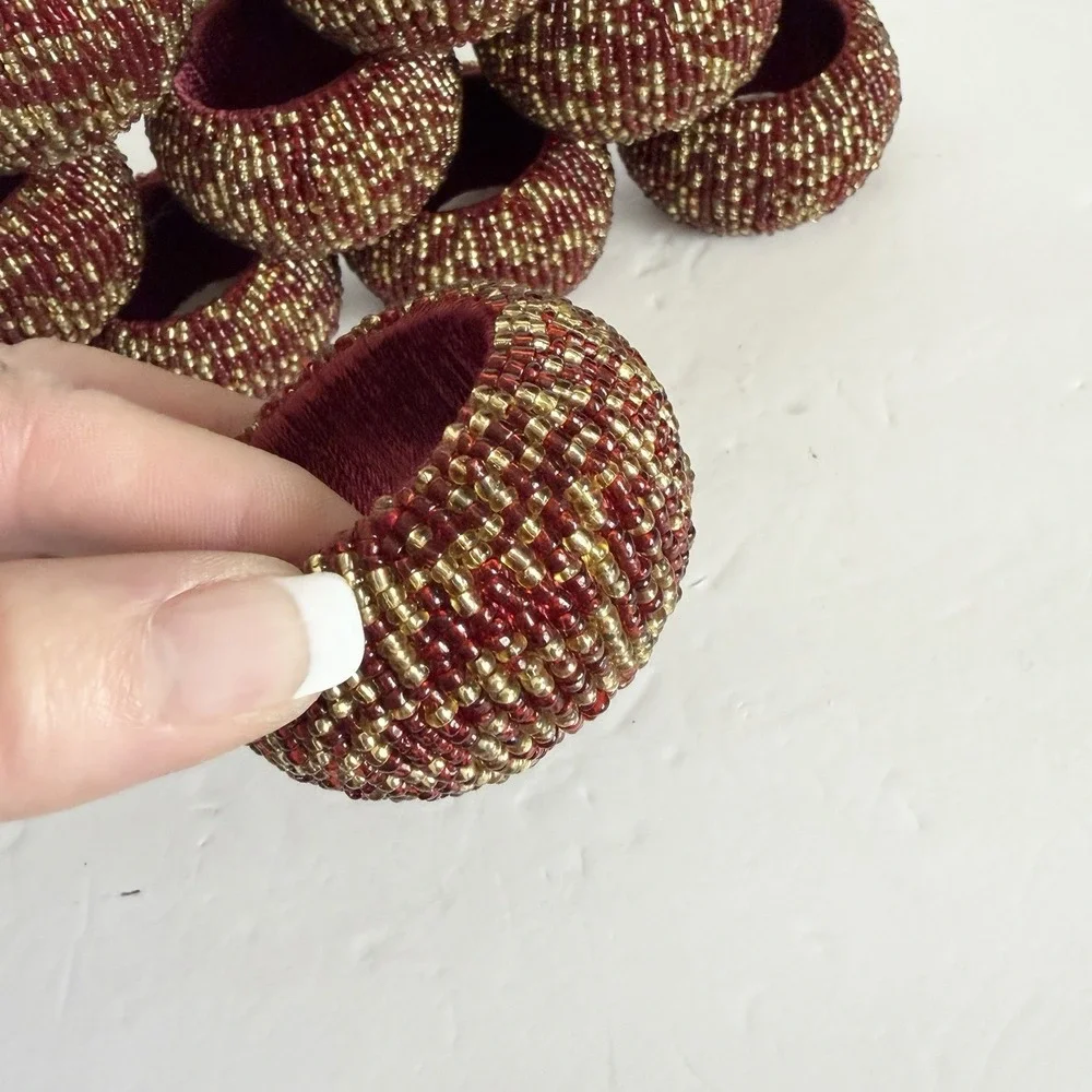 Sparkling Burgundy Red Gold Seed Beaded Napkin Rings Set of 12 Holiday Christmas